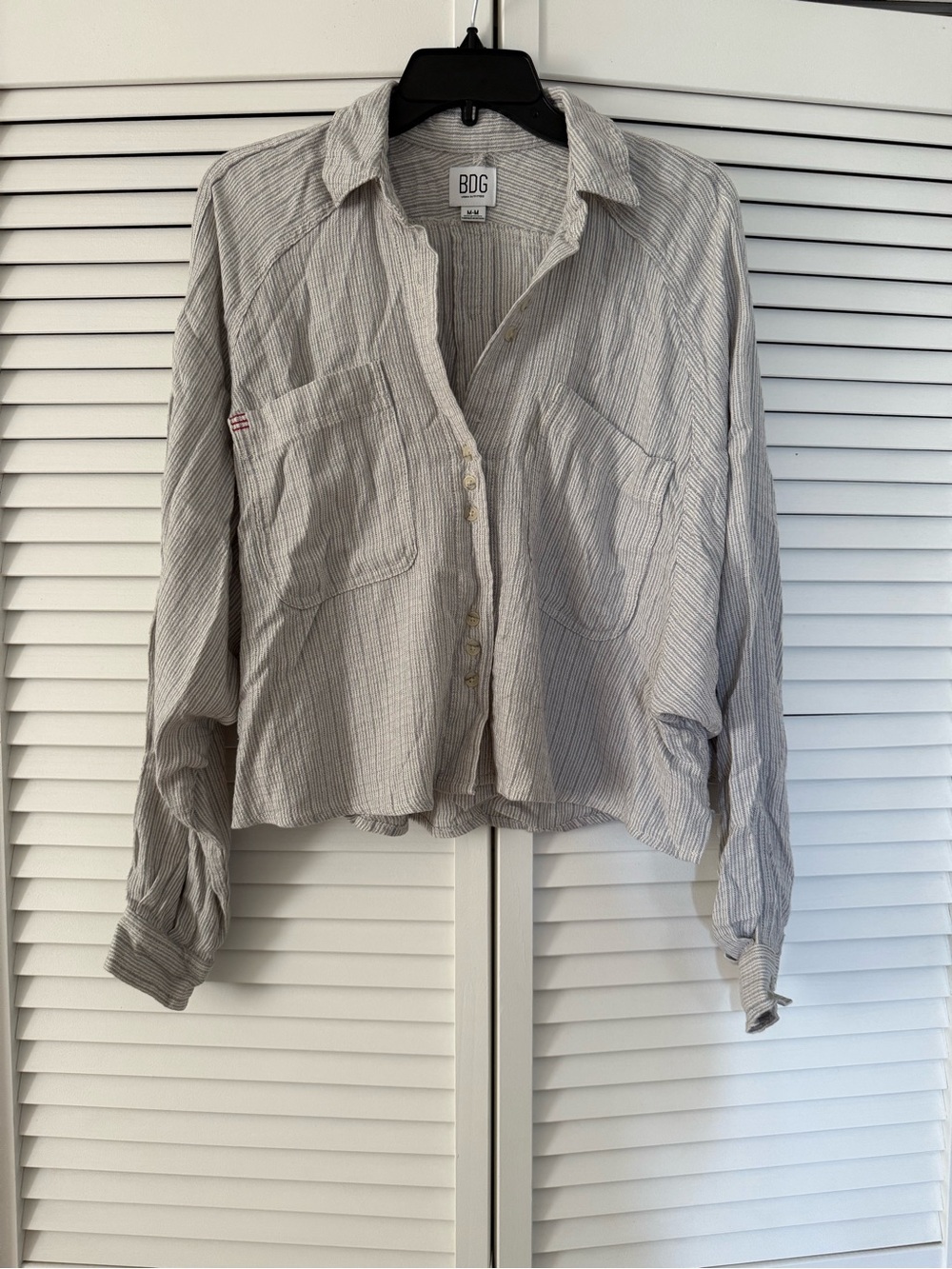 BDG Striped Button-Up Shirt in Light Gray and Cream - Picture 2 of 3